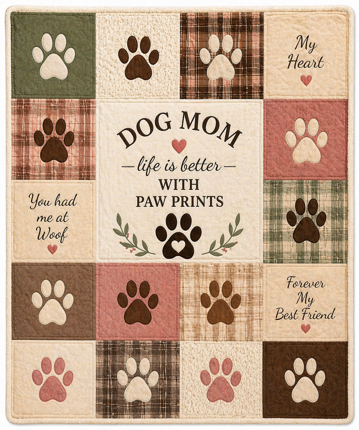 Dog Mom Plush Blanket β Patch Quilt Paw Prints
