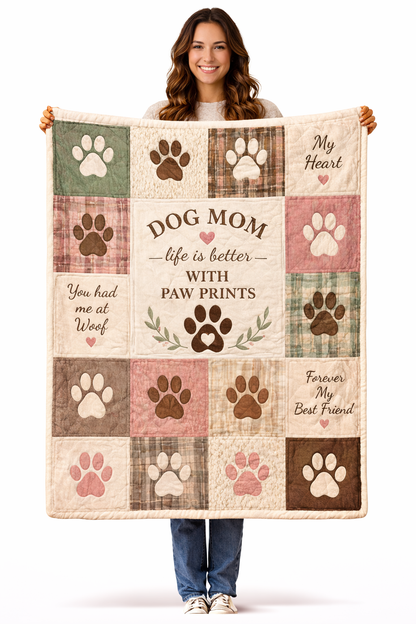Dog Mom Plush Blanket — Patch Quilt Paw Prints