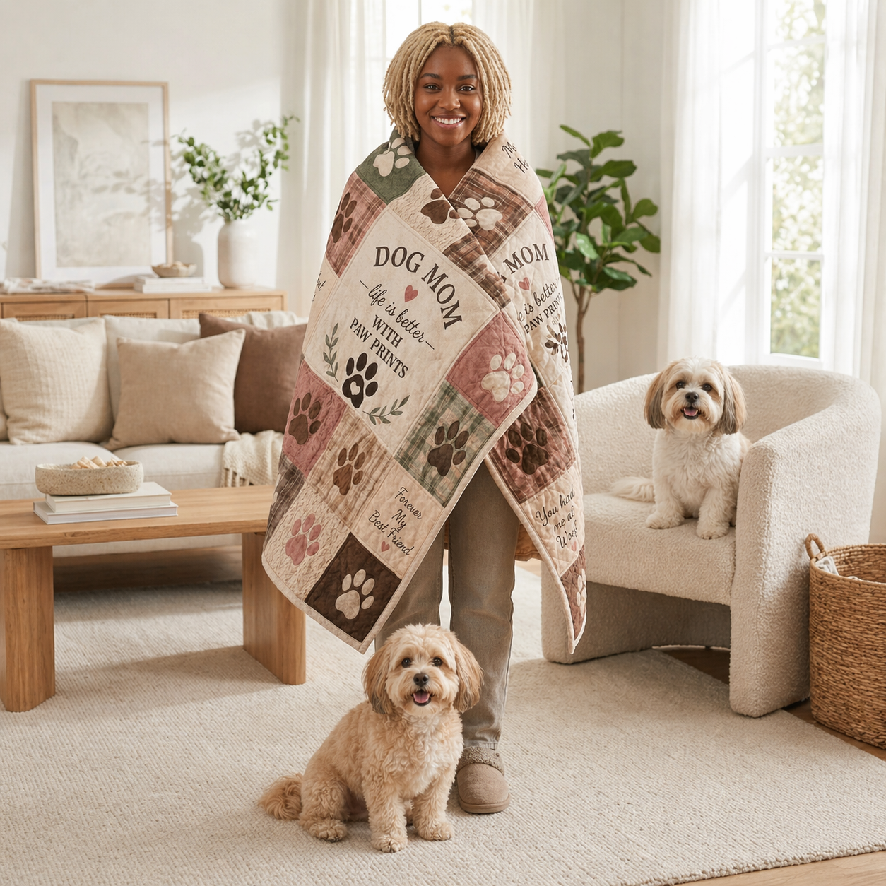 Dog Mom Plush Blanket — Patch Quilt Paw Prints