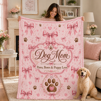 Dog Mom Plush Blanket — Paws, Bows & Puppy Love