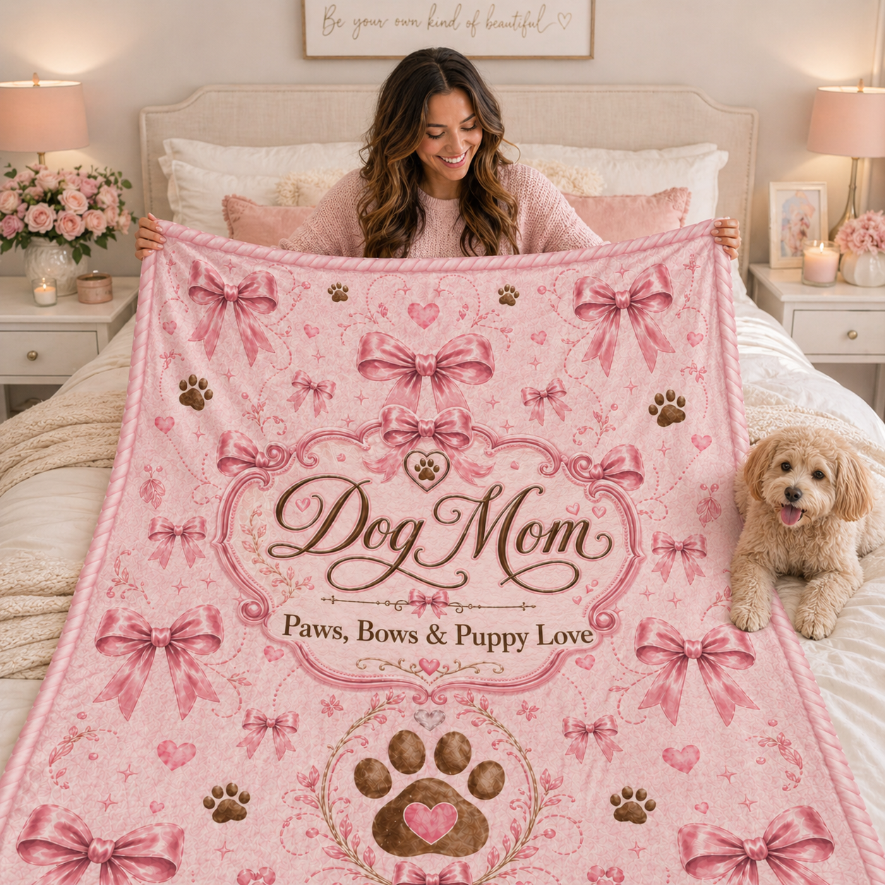 Dog Mom Plush Blanket — Paws, Bows & Puppy Love