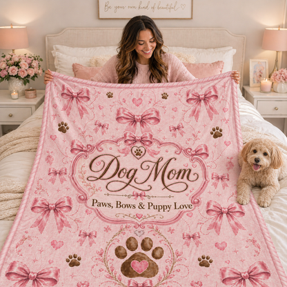 Dog Mom Plush Blanket — Paws, Bows & Puppy Love