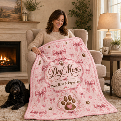Dog Mom Plush Blanket — Paws, Bows & Puppy Love