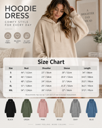 Everyday Cozy Hoodie Dress size chart with measurements and available colors