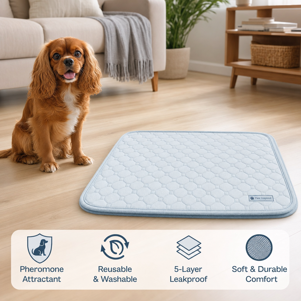 Dog sitting next to PawsGuard Pro reusable pee pad on hardwood floor